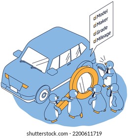 It is an isometric illustration of a penguin assessing the value of a car.