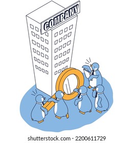 Isometric illustration of a penguin assessing the value of a company.