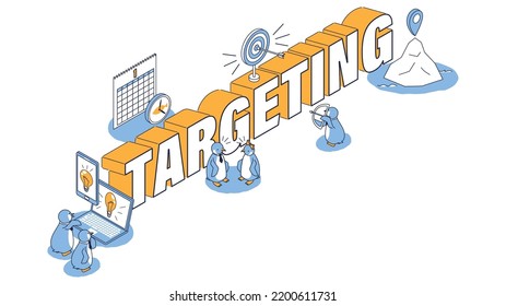 It is an isometric illustration of a penguin thinking about targeting.