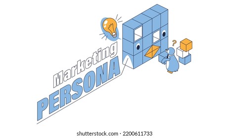 It is an isometric illustration of a penguin thinking about marketing and persona.