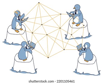 It is an isometric illustration of a penguins communicating on a network.