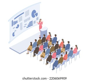 It is an isometric illustration of people attending a business seminar of a popular female lecturer.