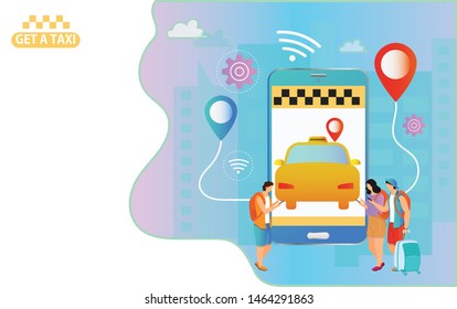 Isometric illustration of people booking a cab using location app in smart phone for Taxi Service concept.