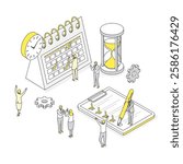 An isometric illustration of people celebrating team goal achievement with a large calendar, checklist, hourglass, and clock in the background. Perfect for project management and teamwork concepts.