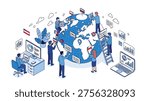 Isometric illustration of people collaborating around a large globe with various flags and digital communication icons.