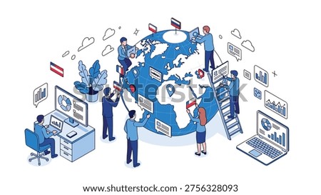 Isometric illustration of people collaborating around a large globe with various flags and digital communication icons.