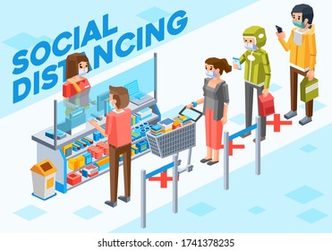 isometric illustration of people doing social distancing when they 
make payment at the cashier in supermarket. used for poster, landing page image and other.