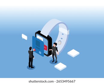 Isometric Illustration of People Interacting with Smartwatch Interface and App Notifications 3d vector illustration