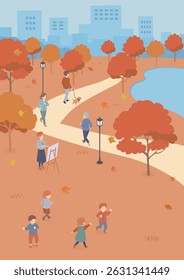 Isometric illustration of people in a park in autumn