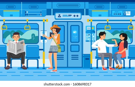 isometric illustration of people passengers in train modern public transport, with countryside landscape out the window. use for info graphic, landing page and other.