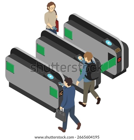 Isometric illustration: people passing through a station ticket gate