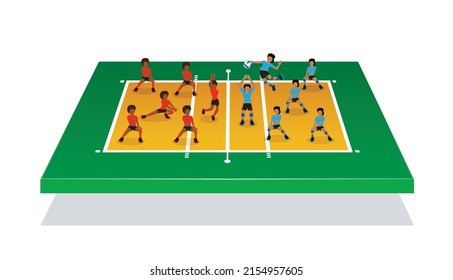 Isometric illustration for people playing volleyball on 3d volleyball field