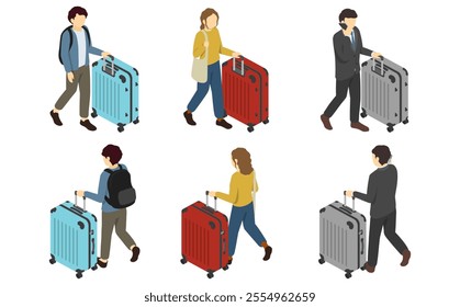 Isometric illustration: people pushing a suitcase