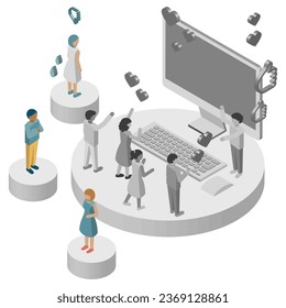 Isometric illustration of people reacting differently to information on the Internet