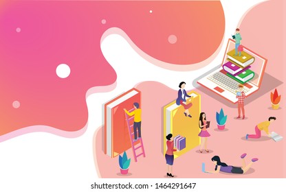 Idótrica ilustración de personas que estudian o se preparan desde una biblioteca en línea sobre antecedentes abstractos para el concepto de Educación o Aprendizaje. Se puede usar como diseño de banners web.