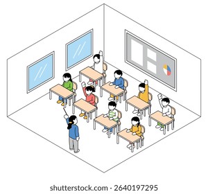 Isometric illustration of people taking classes in a classroom Vector
