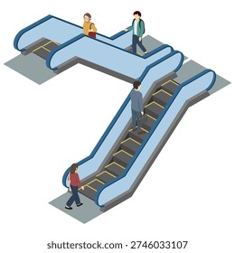 Isometric illustration: People using escalators 2