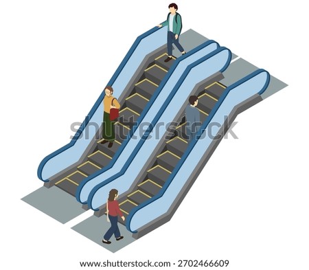 Isometric illustration: people using escalators