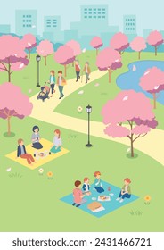 Isometric illustration of people viewing cherry blossoms