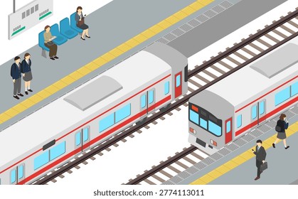 Isometric illustration: People waiting for a train on a station platform
