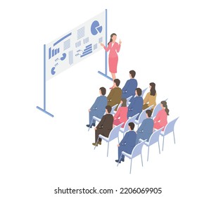 It is an isometric illustration of people who attend business seminars of female lecturers.