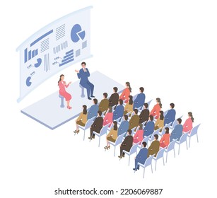 It is an isometric illustration of people who take a dialogue-style business seminar.