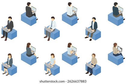 Isometric illustration: people working with a computer on their lap