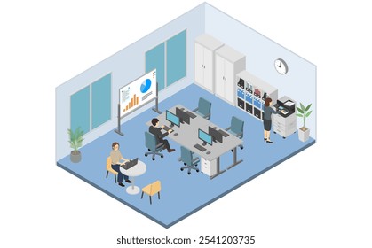 Ilustração isométrica: pessoas que trabalham no escritório
