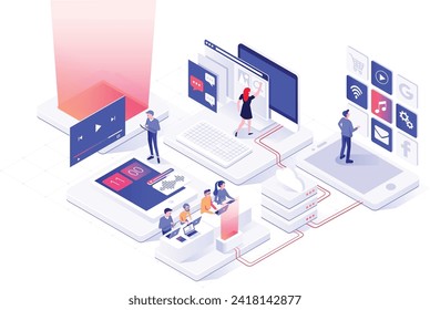 Isometric illustration of people working together in digital field