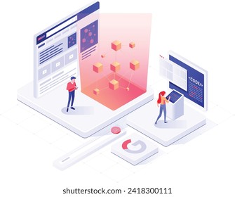 Isometric illustration of people working together on digital progect