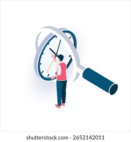 Ilustração isométrica de uma pessoa ajustando um relógio através de uma lente de aumento — perfeita para conteúdo sobre gerenciamento de tempo, produtividade, eficiência, programação e otimização de tempo.