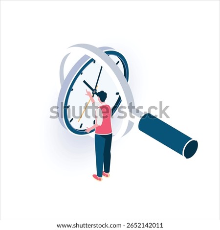 Isometric illustration of a person adjusting a clock through a magnifying glass—perfect for content on time management, productivity, efficiency, scheduling, and time optimization.
