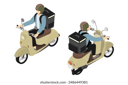 Isometric illustration: person delivering on a motorcycle