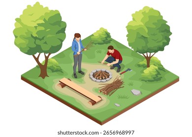 An Isometric illustration of a person lighting a campfire with matches, surrounded by neatly arranged firewood, emphasizing the start of outdoor relaxation.
