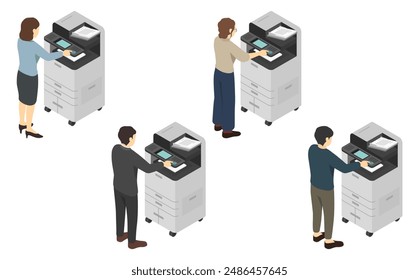 Isometric illustration: person operating a copy machine