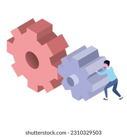 isometric illustration of person push gears