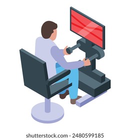 Isometric illustration of a person using a flight simulator with joystick and widescreen monitor