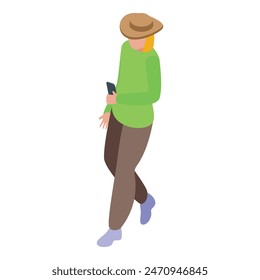 Isometric illustration of a person walking while looking at their smartphone, wearing casual clothes