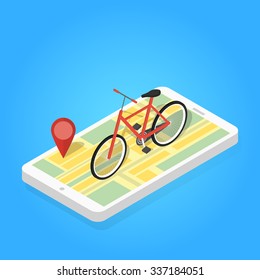 Isometric illustration of phone map bicycle. Marker position