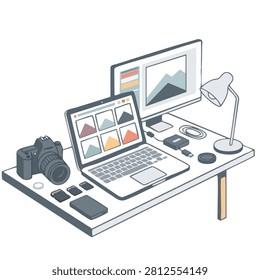 An isometric illustration of a photographer workspace featuring a laptop with photo gallery screen camera and desktop monitor on a desk