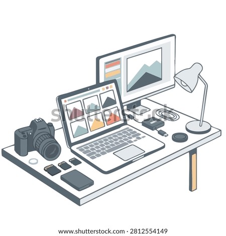 An isometric illustration of a photographer workspace featuring a laptop with photo gallery screen camera and desktop monitor on a desk