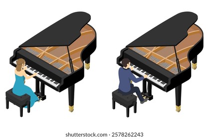 Isometric illustration: pianist playing the piano