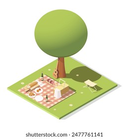 Ilustración isométrica de una configuración de picnic bajo un árbol en un campo de hierba. Ilustración vectorial