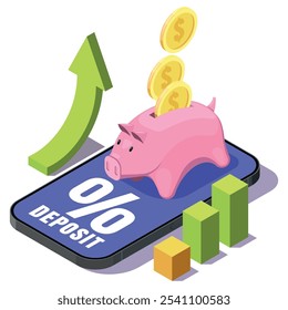 Isometric illustration of a piggy bank on a phone with coins constantly falling out of it, demonstrating a playful and bright design, the concept of online deposit