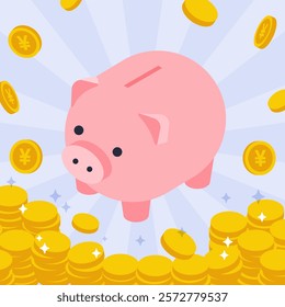 An isometric illustration of a piggy bank and stacked money