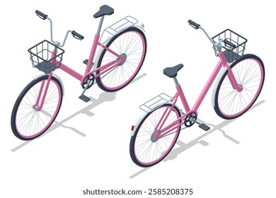 An isometric illustration of a pink city bicycle with a front basket and rear rack, viewed from two angles. Designed for comfortable urban commuting. Pink city bicycle isolated on white background