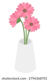 Isometric illustration: Pink gerberas in a vase