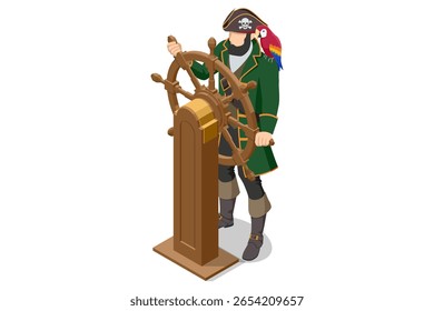 An Isometric illustration of a pirate captain, complete with a hat and parrot, confidently steering a ship s wheel, embodying leadership and adventure at sea. Sea robber, Marauder, Desperado, Ruthless