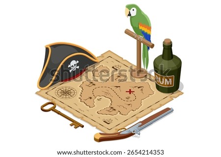 An Isometric illustration of pirate essentials: a treasure map with an X, a pirate hat, an old pistol, a vintage key, a bottle of rum, and a green parrot on a perch. Pirate, Sea robber, Marauder