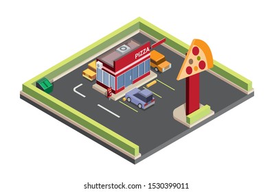 Isometric Illustration Of Pizza Store With Drive Thru, Car, Icon, Symbol, Fast Food, Illustration